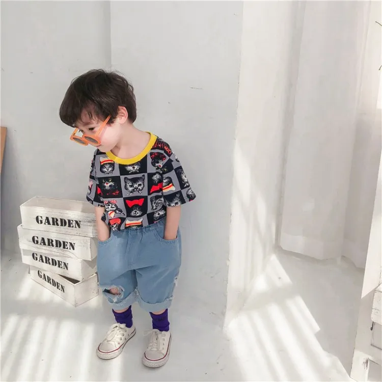 Коллекция года, летняя детская рубашка новая стильная модная футболка с короткими рукавами в Корейском стиле с рисунком котенка из мультфильма для маленьких мальчиков