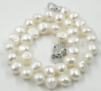 

HOT New beautiful NEW 12-13mm south sea White baroque pearl necklace 18" leopard Clasp