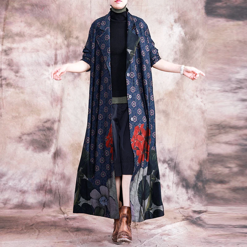 

Johnature 2019 New Leisure Fashion Floral Print Autumn Winter Plus Size Long Overcoat Loose Retro Turn-down Collar Women Coats