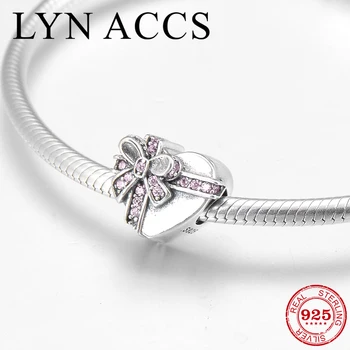 

925 Sterling Silver Pink CZ bow Heart Metal Bead Charms Fit Original LYNACCS Bracelet Necklace DIY Gift Jewelry Making for Womne