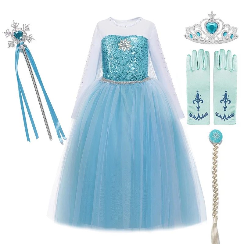 Elsa Set 02 VOGUEON/платье принцессы Золушки для девочек, одежда Эльзы, Анны, Белль, София, жасмин, Аврора, Белоснежка, нарядный костюм на Хэллоуин - Цвет: Elsa Set 02