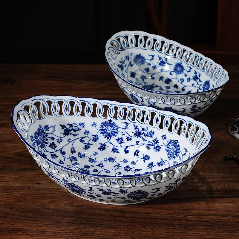 Синяя белая керамическая ваза для фруктов большая ретро гостиная чайный столик