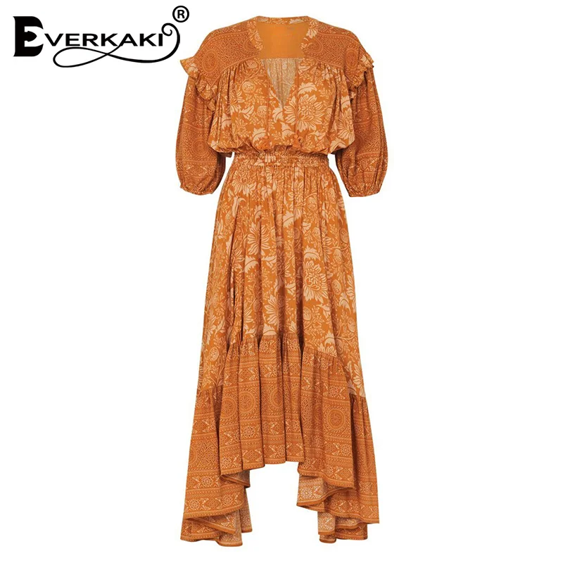 Yellow Everkaki Boho печати оборками женское макси платье, эластичный пояс свободные цыганские фонари с коротким рукавом Длинные платья женские Осень новинка - Цвет: Yellow