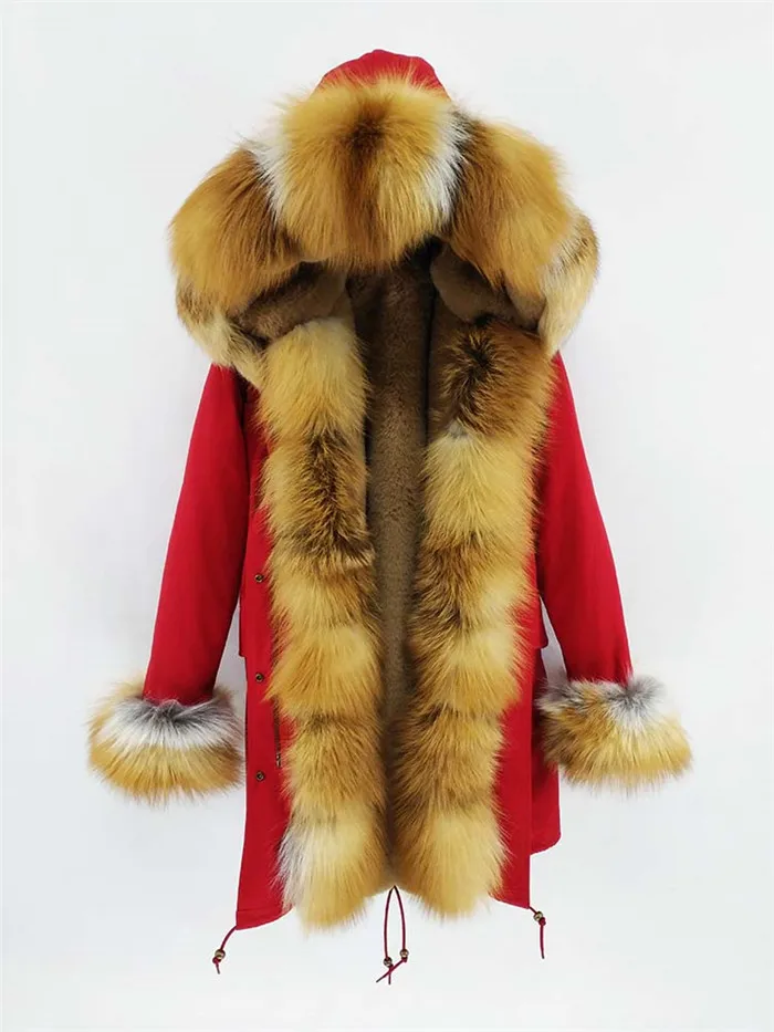 Роскошное натуральное меховое пальто, женская парка с подкладкой из натурального кроличьего меха, большое теплое пальто с капюшоном из лисьего меха, верхняя одежда, зимняя куртка - Цвет: Red With Yellow