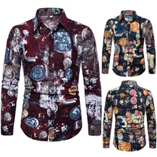 Весна и осень узор квадратный вырез культивировать себя Мода Лист Печать МОЛОДЕЖНЫЙ мужской стиль рубашка с длинными рукавами Мужская рубашка