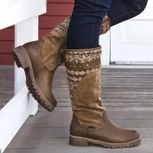 Британский стиль Для женщин обувь для прогулок Высокие сапоги Для женщин Винтаж квадратный каблук Пряжка середины CARF высоты сапоги обувь с круглым носком; большие размеры 34-43