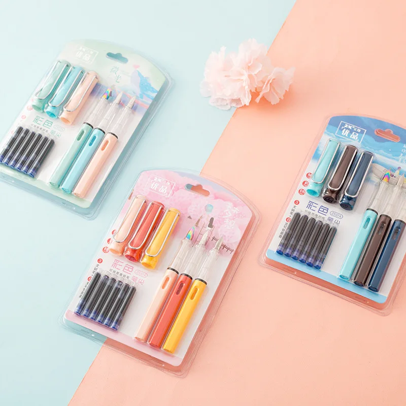 

3pcs Fountain Pens with 6pcs Ink Cartridge Value Pack Gift Set Include EF F M Nib Posture Correcting Writing Pens for Student