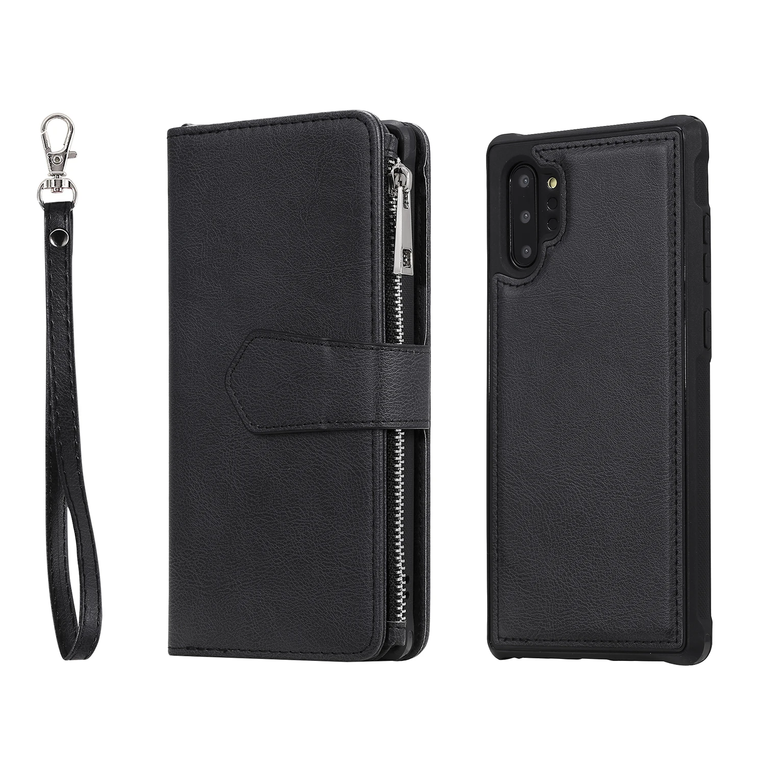 black Чехол-кошелек для samsung Galaxy Note 10, съемный кожаный чехол премиум-класса на молнии с магнитной застежкой, чехол для samsung Note 10 Plus - Цвет: black