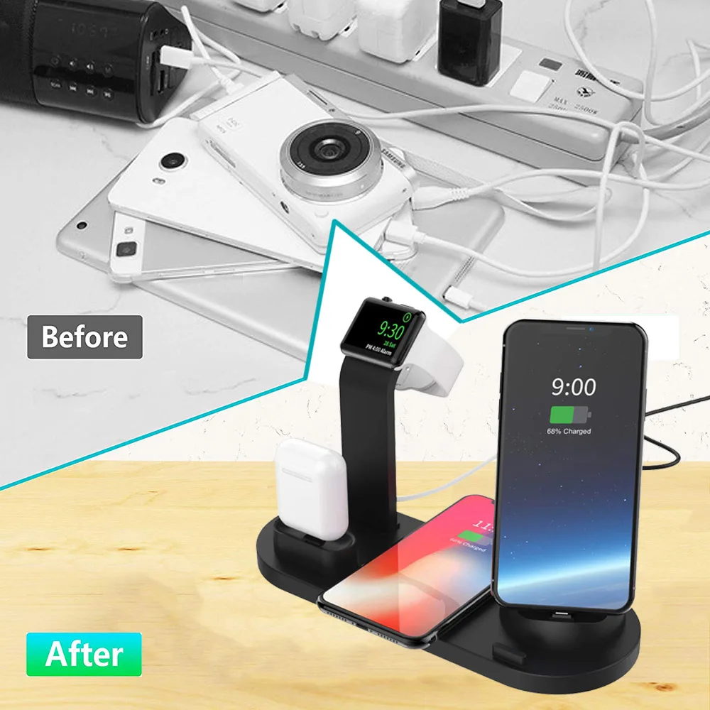 Baratos Cargador inalámbrico DCAE 4 en 1 Qi para iPhone 11 X XS XR 8 10W USB tipo C soporte de carga rápida para Apple Watch 5 4 3 2 Airpods