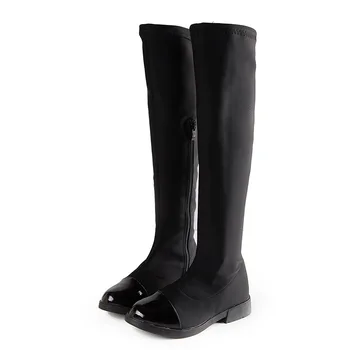 

2019 Winter Little Girls Glossy Boots Over The Knee Long Boots for Girls Princess Black Boot Patchworked Patent Leather Kid Shoe