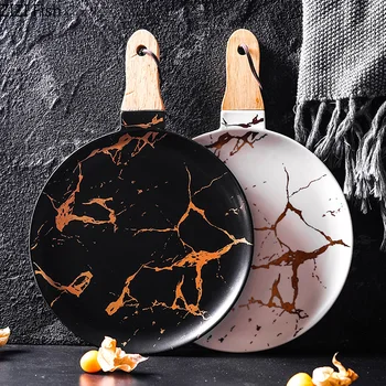 

Gold Marble Glazes Ceramic Party Tableware Breakfast Plates with Handle Salad Steak Plate Creative Cutlery for Home Kitchen