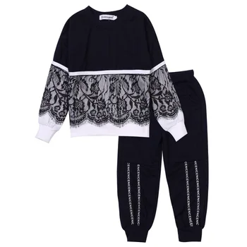 

2020 Autumn Spring Kids Baby Girls Sweatshirts Sets Hoodies Toddler Clothes Sets Children Long Sleeve Lace Patchwork Tops 3-7Y