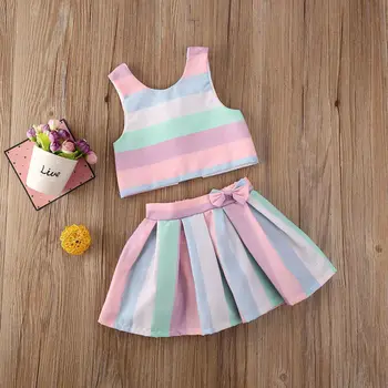 

Toddler Girls Clothes Set Summer Vest Striped Rainbow Sleeveless Tops Tutu Skirts Party Outfits Infant Baby Clothing 2PCs
