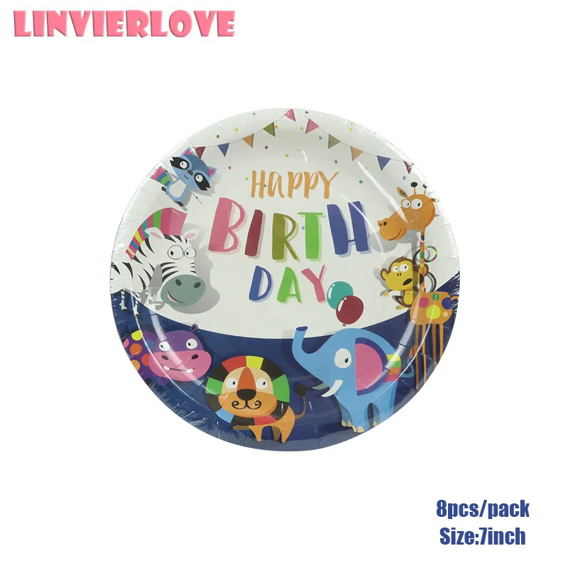 LINVIERLOVE 56pcs с днем рождения на каждый день для детей бумажная тарелка на день рождения салфетки одноразовая посуда Животные вечерние Декор поставки