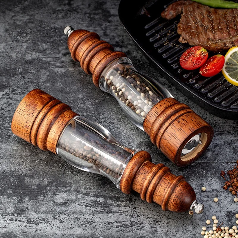 Solid Wood Salt and Pepper Grinder Manual Spice Grinder Adjustable Pepper Mill Salt Pepper Shaker With Acrylic Body Kitchen Tool
