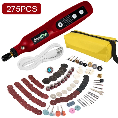 USB Mini Cordless Drill Pen Rechargeable Wireless Engraving Pen With LED Rotary Tool Dremel Electric Drill Grinding Accessories Red-275PCS