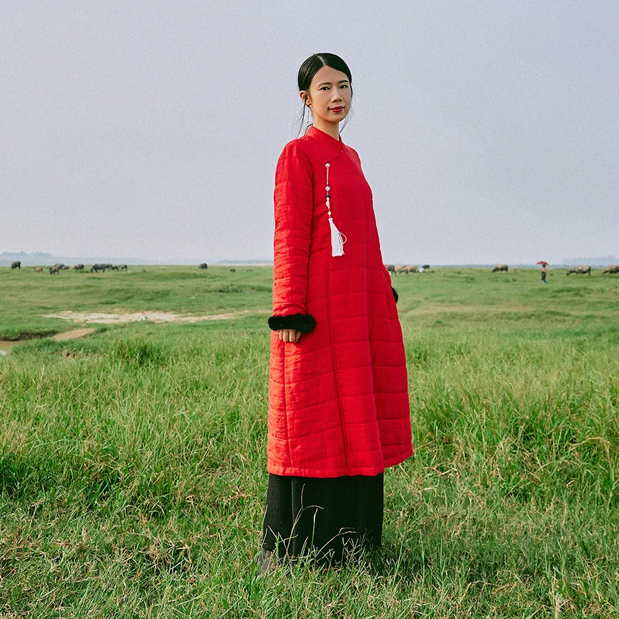 

Paper Tori 2019 Winter Origional Designer Discount WOMEN'S Dress Thick Cotton Linen Stand Collar Chinese-style X-long Cotton-pad