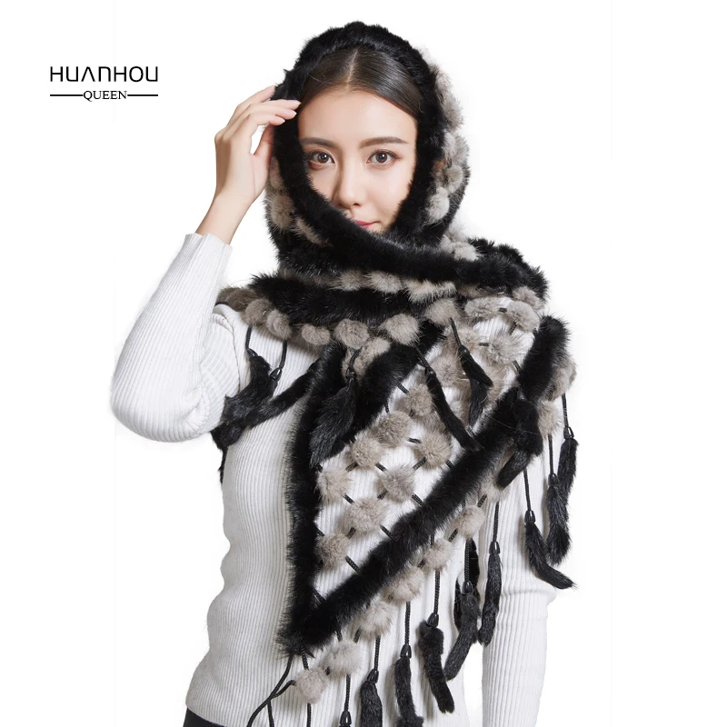 Женская шаль, шаль из натурального меха норки и шарф треугольной формы, красивая теплая - Цвет: Grey