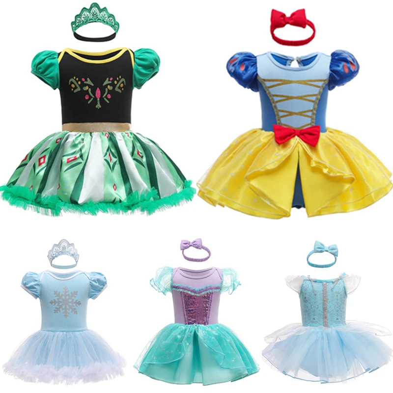 Baby Jumpsuit Cotton  Baby Romper TUTU Dress With Headband Elsa Anna Mermaid Snowwhite Cinderella Baby Girl Clothes Size 3-18M Cute Design Baby Dress Bamboo fiber children's clothes