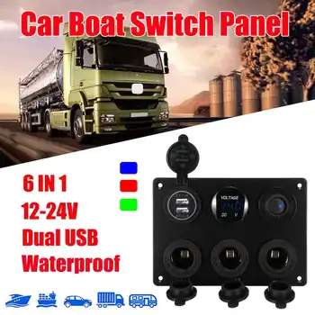 

6 IN 1 Rocker Switch Panel Kit 12V 24V Circuit Breaker LED Marine for Boat Rocker Switch Panel with Dual USB Charger voltmeter