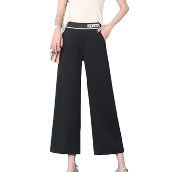 

Korean High-waist Chiffon Wide Leg Pants Women 2020 Elastic Waist High Waisted Black Pants Women Solid Stretch Khaki Pants
