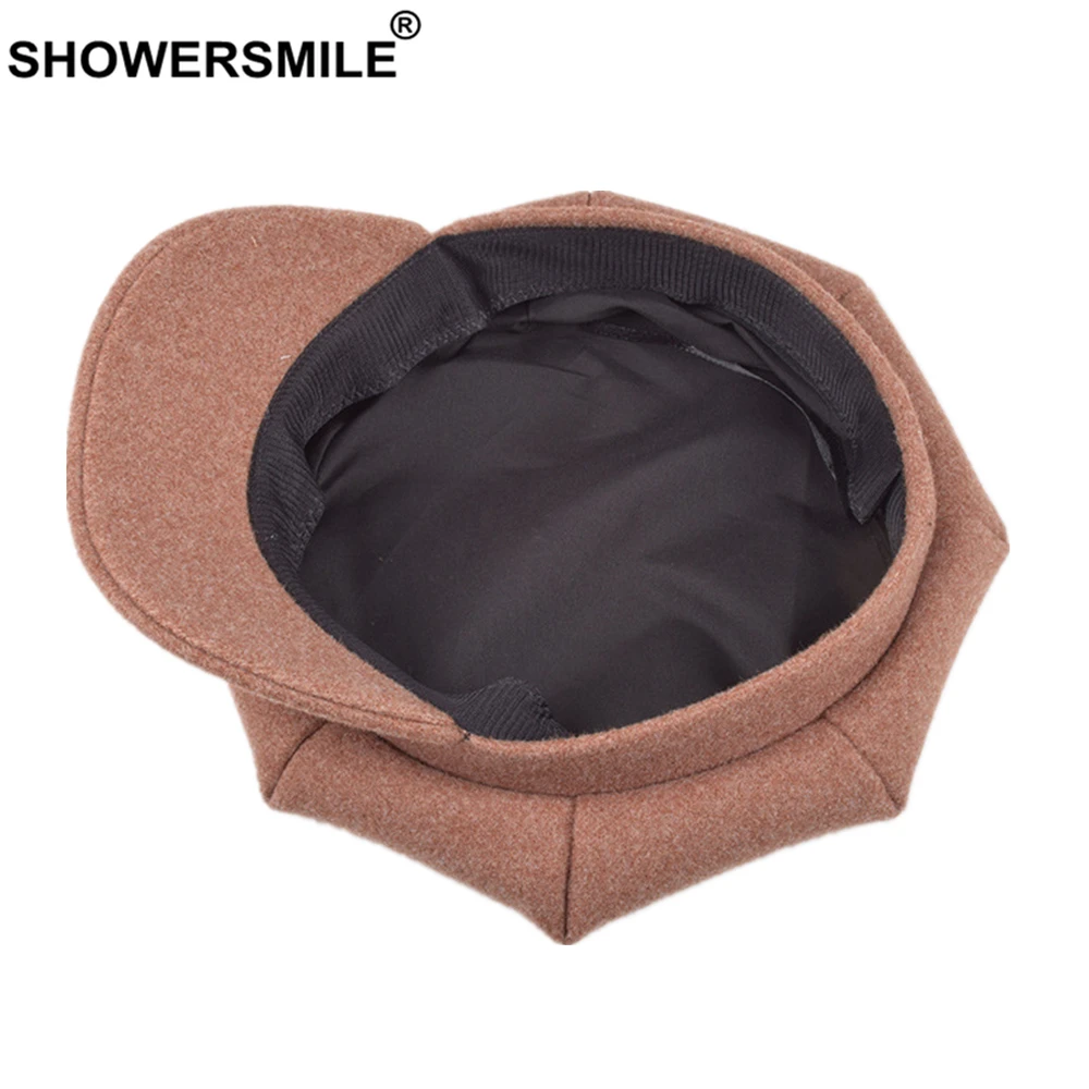 SHOWERSMILE Шерстяная кепка цвета хаки Newsboy для женщин, шерстяная Женская Зимняя кепка в британском стиле, плоская кепка, женский берет, Повседневная восьмиугольная кепка