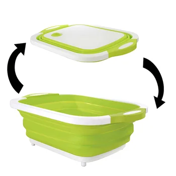 

Hot 2 In 1 Collapsible Dish Tub Cutting Board Multifunction Kitchen Gadget Chopping & Slicing Washing Bowl with Plug for Drainag