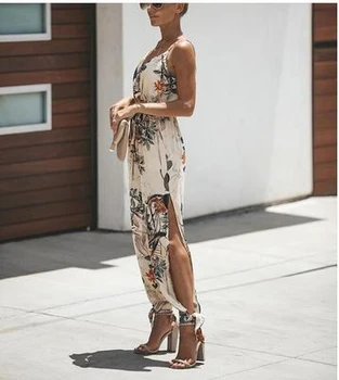 

Summer Sleeveless Jumpsuit Backless V-neck Casual Party Clubwear Holiday Womens Ladies High waist Printed Long Pants T494