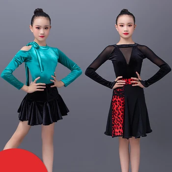 

2020 Girls Dresses For Latin Dance Clothes Female Laopard Long Sleeve Set Practice Dance Skirt Salsa Ballroom Dance Costume 3731