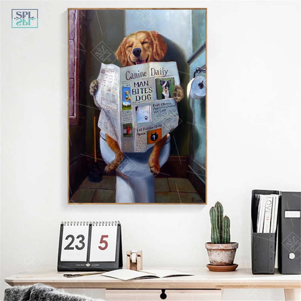 Cute-Posters-And-Prints-Bathroom-Room-Decor-Wall-Art-Prints-Funny-Dog-Toilet-Reading-Paper-Home (1)