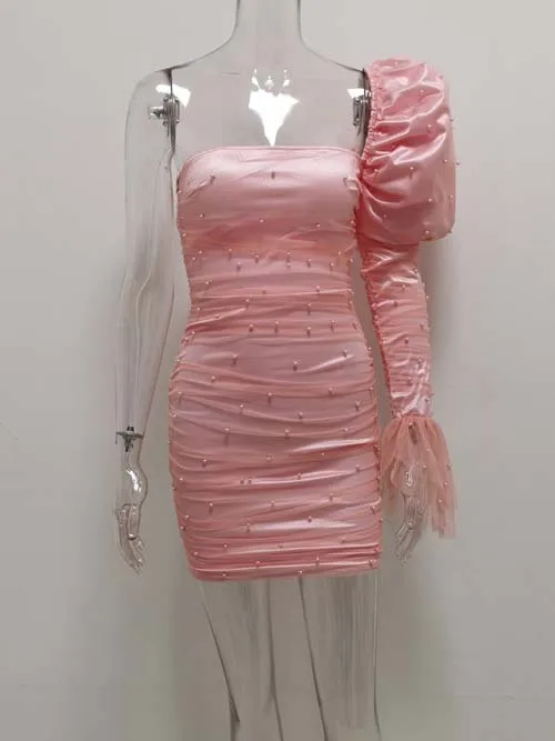 JillPeri, женское платье на одно плечо с пышными рукавами, сексуальное Сетчатое платье с вырезом лодочкой и жемчугом, стрейчевое платье-футляр, элегантные вечерние платья знаменитостей - Цвет: Pink