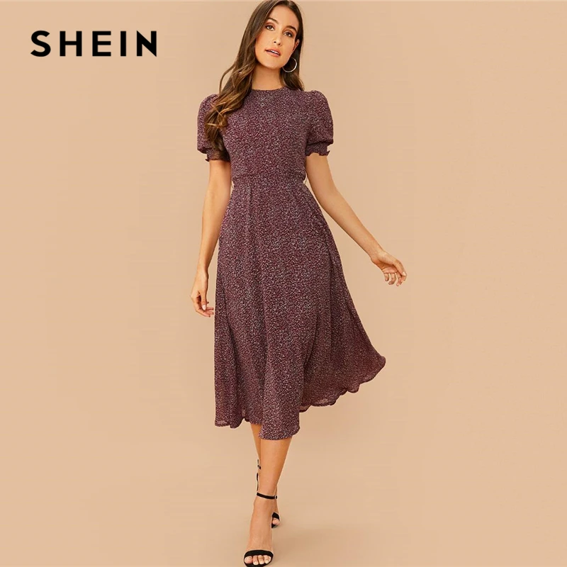 

SHEIN All Over Print Flared Frill Boho Dress With Belt Women Summer Holiday High Waist Puff Sleeve Shirred A Line Midi Dresses