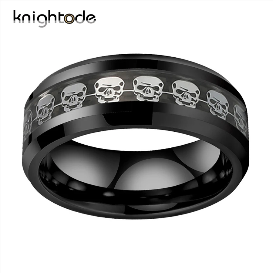 Серебряное кольцо из карбида вольфрама с черепом для мужчин 8 мм Скошенные края