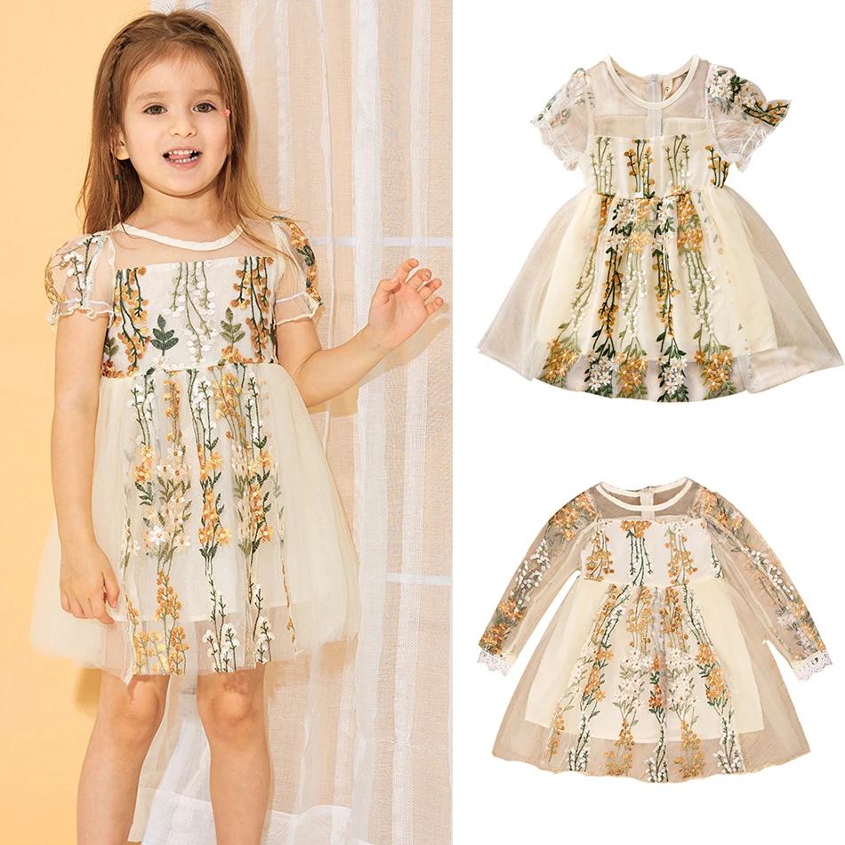 Летнее платье для малышей; одежда с цветочным принтом для маленьких девочек; повседневные Модные халаты с вышивкой; элегантное платье с фатиновой юбкой для девочек; праздничная одежда для детей; костюм
