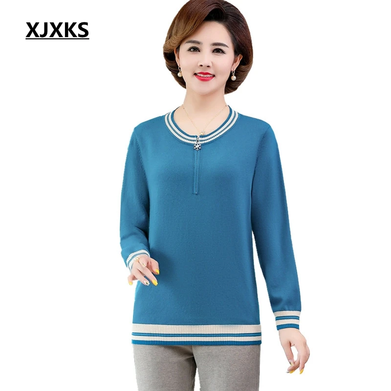 

XJXKS Women Sweater New Autumn Half Zipper O Neck Pullover Women Knitwear Long Sleeve High Elasticity Pull Femme Sweater