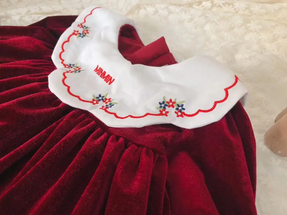 Платье для малышей красные бархатные милые платья с длинными рукавами и вышитым