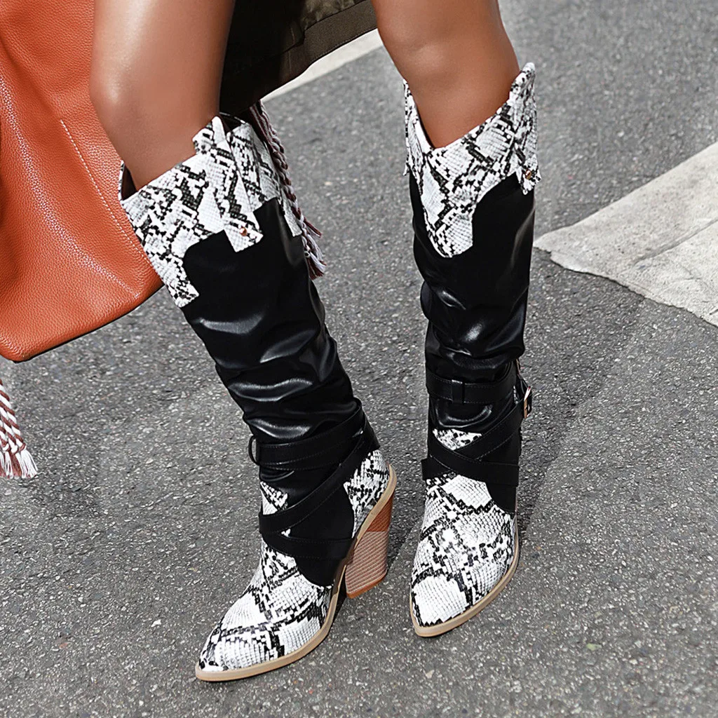 Snake Print Leather Knee-High boots Women Buckle square Heel Cowboy Knees High Boots Plus size 43 western horse riding shoes | Обувь