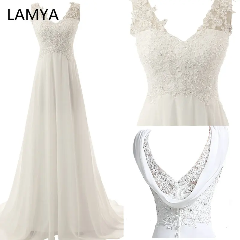 

White Chiffion Beach Lace Wedding Dress Plus Size Fashion Simple Bridal Gown Appliques Ivory Wedding Dresses Vestido De Noiva