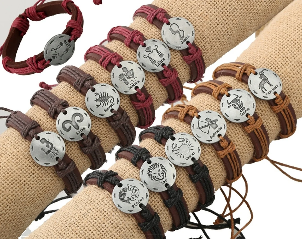 

12pcs/set Not Repeating Alloy 12 Constellation Leather Bracelet Round Charm Bracelets for Women Fashion Jewelry Accessories Gfit