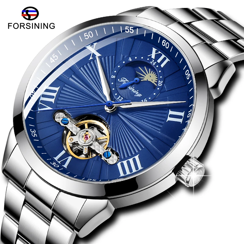 

Fashion FORSINING Sport Automatic Mechanical Watch Tourbillon Men Stainless Steel Moon Phase Waterproof Watch Relogio Masculino