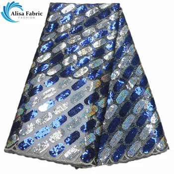 

Alisa Hot selling Royal Blue Sequins Laces 2019 African lace design Nigeria mesh lace fabrics 5 yards/pcs For wedding decoration