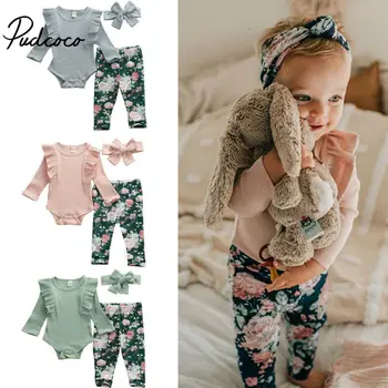 

pudcoco 2020 New Baby Girl Ruflles Costume Striped Rompers+Pants+Headband warm autumn winter cotton romper Clothes 0-24 Monthes