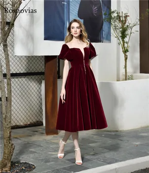 

Burgundy Velvet Prom Dresses 2020 Scoop Short Sleeves Lace-up Back Tee Length Formal Evening Party Gowns Vestido De Fiesta