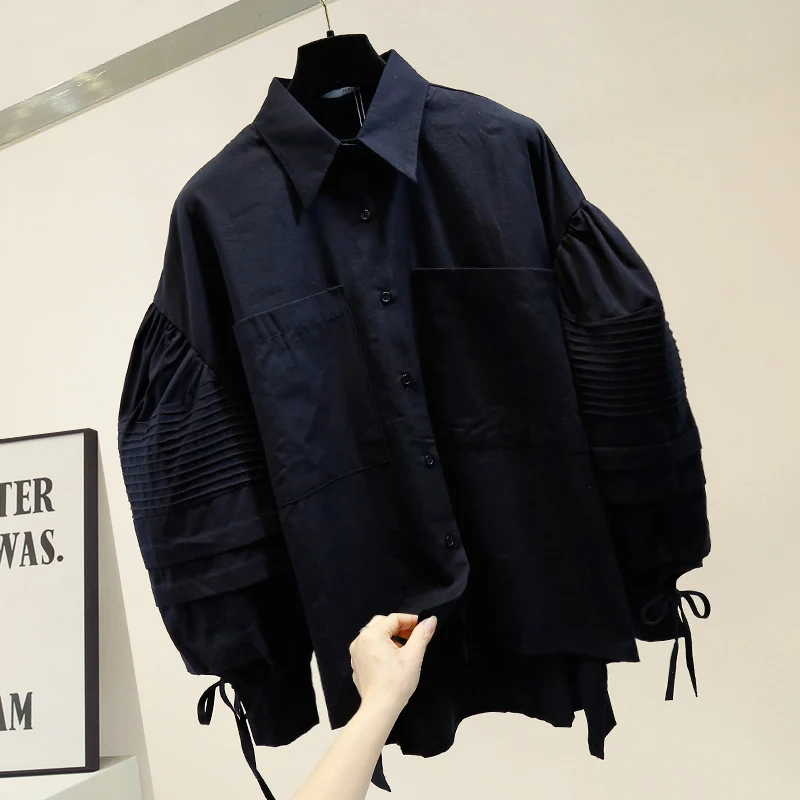 

Large Pockets Single-Breasted Solid Color Shirt Women's White Shirt Lantern Sleeve Loose-Fit Blouse Ladies Loose Blouse Blusas