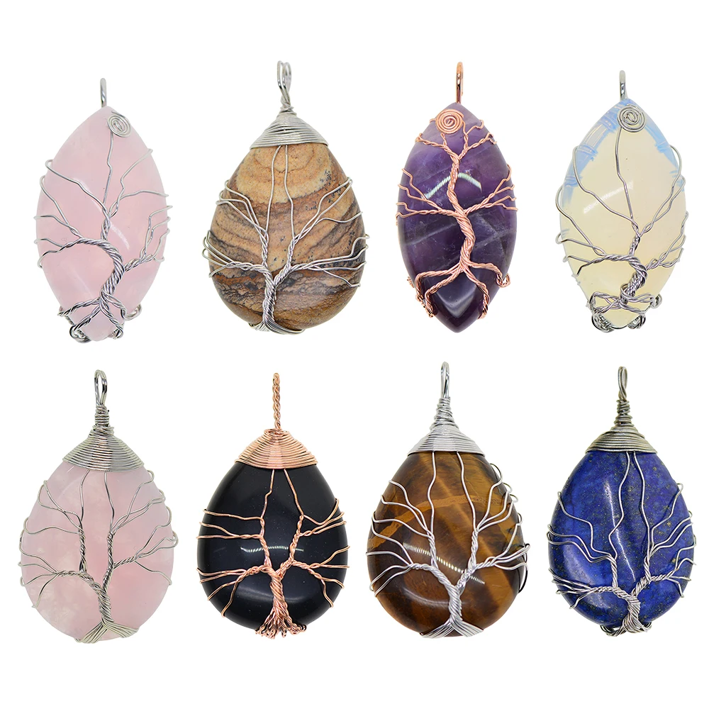Fashion Tree of Life Copper Wire Wrapped Teardrop Natural Gemstones Necklace Pendant Charms for Women Ladies Wedding Party | Украшения и