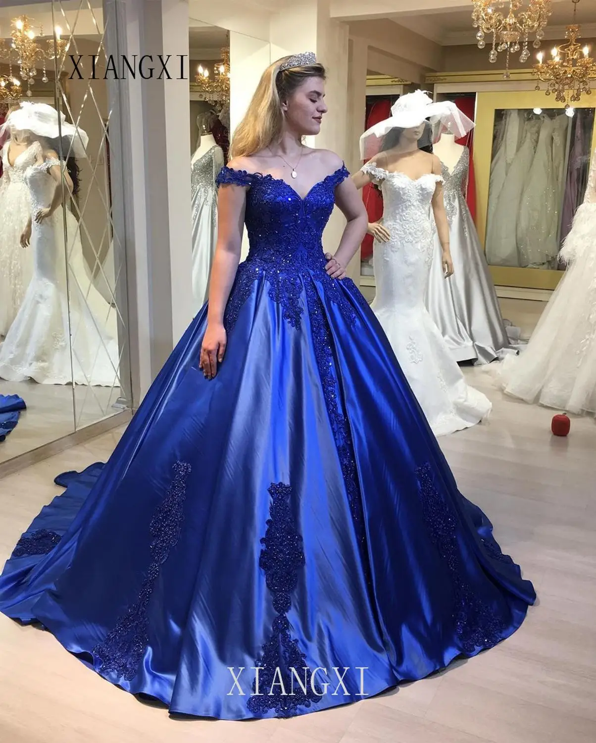 Vestidos голубое вечернее платье с кружевной аппликацией Длинные вечерние платья с открытыми плечами вечерние платья robe de soirees