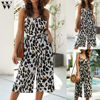 

Womail Jumpsuit Women Sexy Leopard print Strap Sleeveless V Neck Jumpsuit Rompers Backless Zip Wide Legs Jumpsuit Leotard Overal