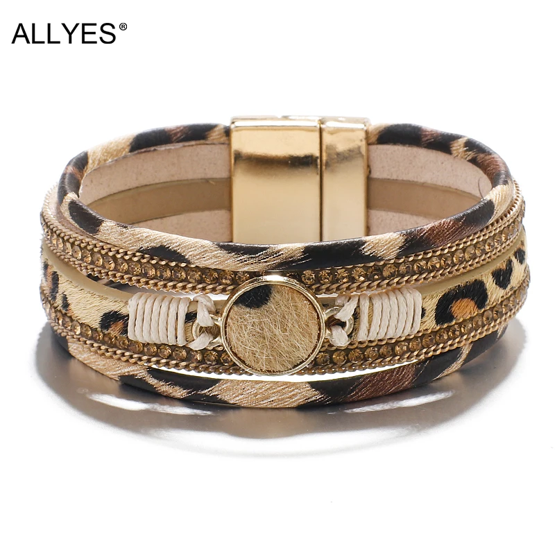 

ALLYES Crystal Leopard Leather Bracelets For Women 2019 Fashion Bracelets & Bangles Multilayer Wide Wrap Bracelet Jewelry