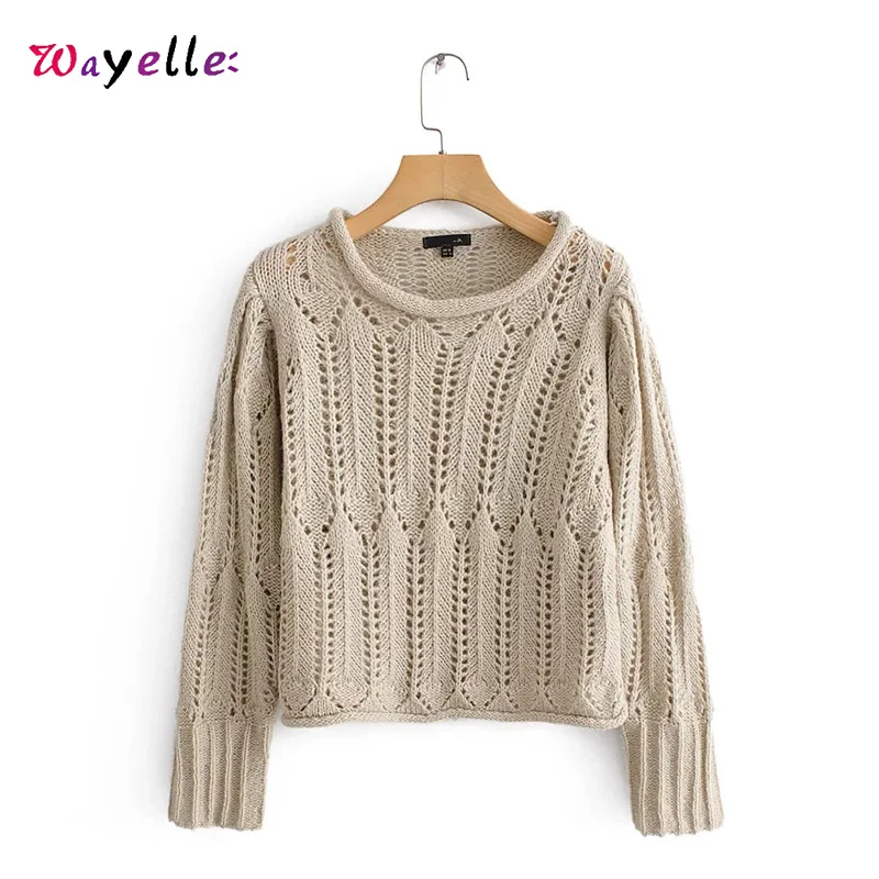

Elegant Knitted Women Sweater O-Neck Hollow Out Long Sleeve Sweaters Womens Solid Stretchy Pullover Chic Women Blouses and Tops