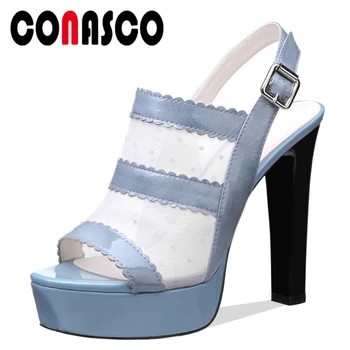 

CONASCO Women Sandals Platforms High Quality Genuine Leather Summer Pumps High Heels Fashion Sexy Mesh Wedding Party Shoes Woman